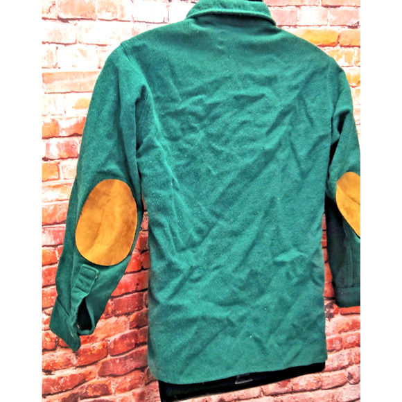 Woolrich Button Up Shirt Men's Green Wool Long Sleeve Elbow PSmalatches Collared - Picture 14 of 15